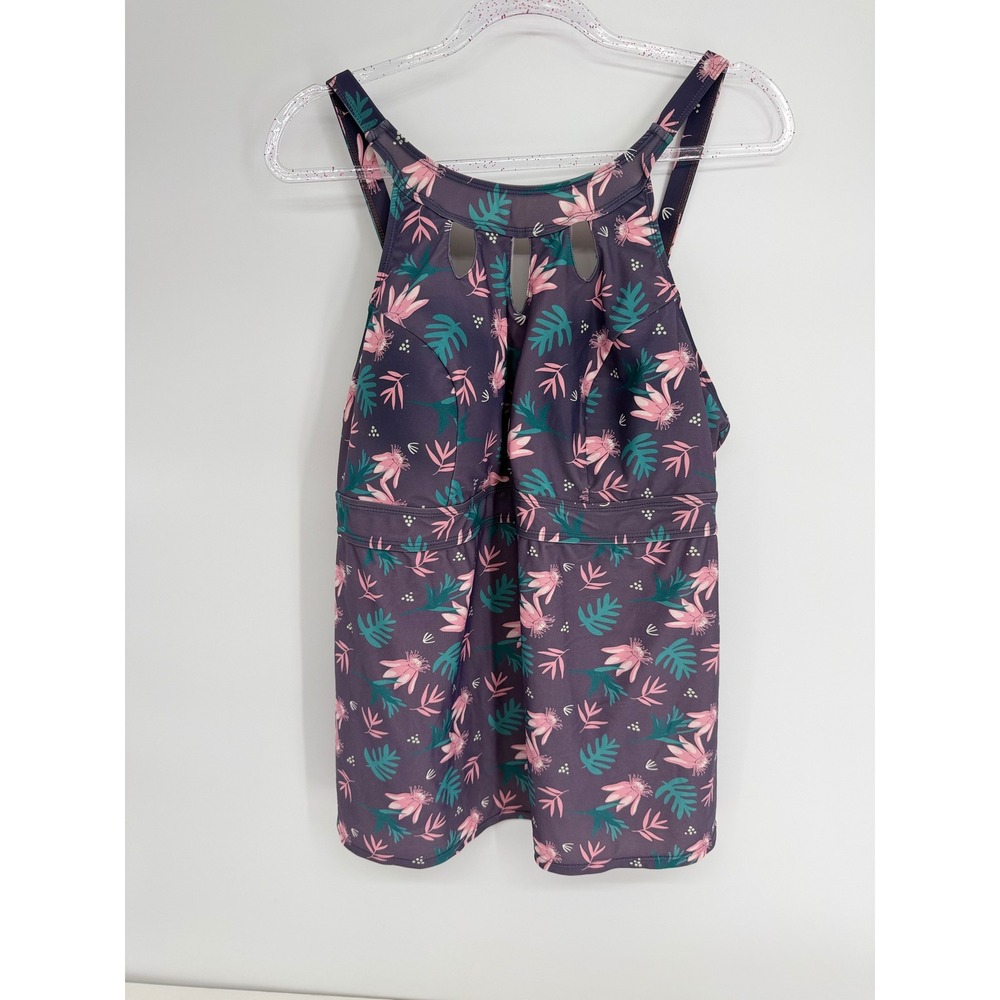 Septangle Womens Plus Sz 18 Tankini Top‎ Purple Tropical Floral Keyhole Neck